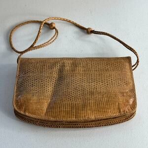 Vintage Folk Crafted Reptile Lizard Skin Crossbody Bag Purse Fold Over Tan